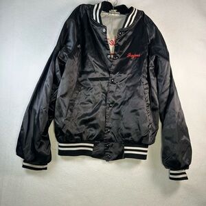 Vintage Black Satin Varsity Jacket with Red Script Name